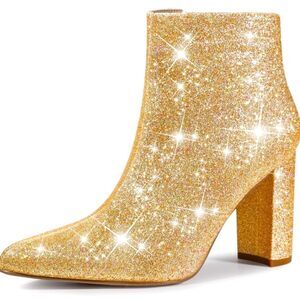 Size 7 Perphy Gold Metallic Glitter Pointed Toe Chunky Heel Ankle Boots Booties